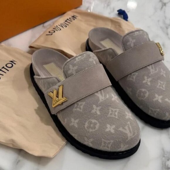 Louis Vuitton gray Monogram mules with suede and Gold Detail women’s size 39 - Picture 3 of 4